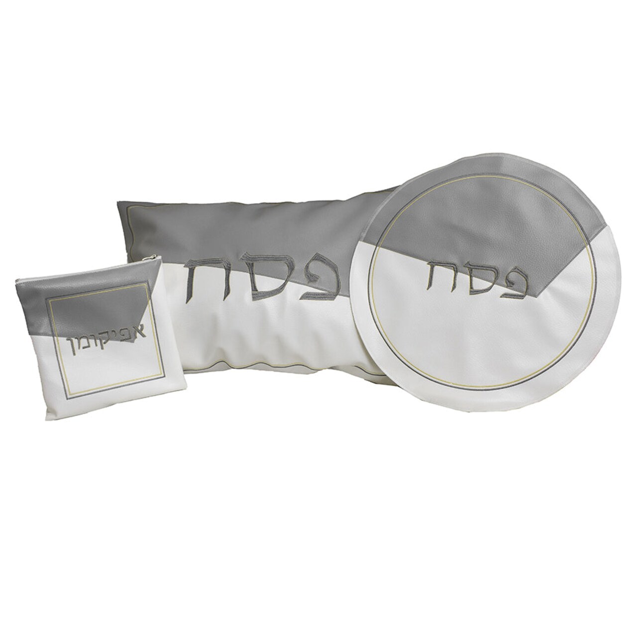 White and Grey Leatherette Seder Set with Gold Stitch Embroidery